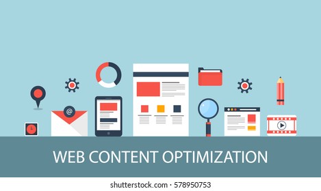 Flat design concept of web content optimization, content promotion, distribution, and marketing along with icons isolated on light background