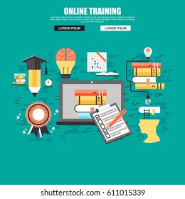 Flat design concept website banner of online education, video tutorials, online training and courses. Modern vector illustration for web design, marketing and print material.