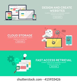 Flat design concept of website design, cloud storage, fast access retrieval. Concepts for web banner and printed materials. Vector illustration.