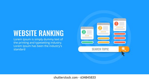 Flat design concept of website ranking, search results vector banner isolated on blue background