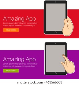 Flat design concept for website template - mobile app, smartphone, social media, business. Web banner or header vector illustration. Web banner for presentation. Hand of cartoon character with tablet