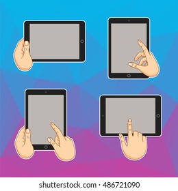 Flat design concept for website template - mobile app, tablet, mobile device. Hand touching digital mobile device. Vector hand using of touch tablet screen. Set of hand touching of mobile tablet