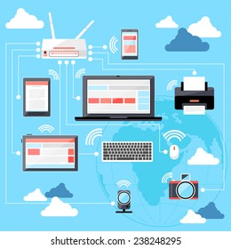 Flat design concept for wifi network with globe and connected router, laptop, digital tablet, e reader, smartphone