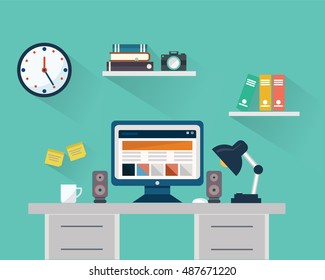 Flat design concept of work space with computer and computer devices, lamp, loudspeaker and book shelf.