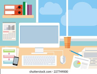 Flat design concept of workspace with computer and computer devices, smartphone, reports and clouds in the window