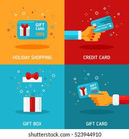 Flat Design Concepts about Holiday Gift Cards. Vector illustration. Man and Woman Hands Holding Coupon, Box with Open Top, Surprise. Christmas and New Year Shopping