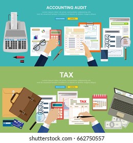 Flat design concepts for accounting auditing.Auditor examination of financial report. Tax process. Research,project management,planning, accounting,analysis,data and investment. Vector illustration. 