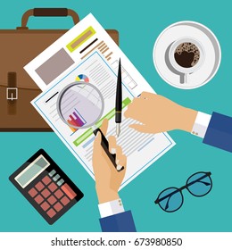 Flat design concepts for analysis, calculation and analysis business strategy, audit, research and development.  Vector illustrations for web banner