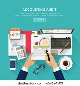 Flat design concepts for auditing . Auditor examination of financial report. Tax process. Research, project management, planning, accounting, analysis, data and investment. Vector for website banners.