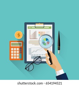 Flat design concepts for auditing . Auditor examination of financial report. Tax process. Research, project management, planning, accounting, analysis, data and investment. Vector for website banners.