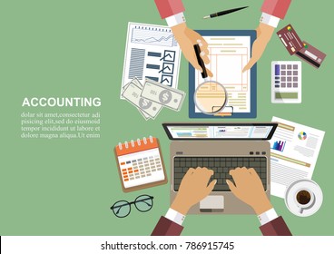 Flat design concepts for auditing . Auditor examination of financial report. Tax process. Research, project management, planning, accounting, analysis, data and investment. Vector illustration.