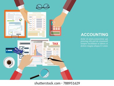 Flat design concepts for auditing . Auditor examination of financial report. Tax process. Research, project management, planning, accounting, analysis, data and investment. Vector for website banners.