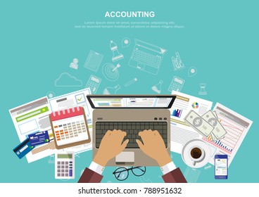 Flat design concepts for auditing . Auditor examination of financial report. Tax process. Research, project management, planning, accounting, analysis, data and investment. Vector for website banners.