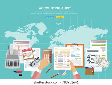Flat design concepts for auditing . Auditor examination of financial report. Tax process. Research, project management, planning, accounting, analysis, data and investment. Vector for website banners.