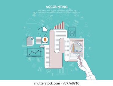 Flat design concepts for auditing . Auditor examination of financial report. Tax process. Research, project management, planning, accounting, analysis, data and investment. Vector illustration.