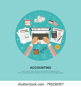 Flat design concepts for auditing . Auditor examination of financial report. Tax process. Research, project management, planning, accounting, analysis, data and investment. Vector illustration.