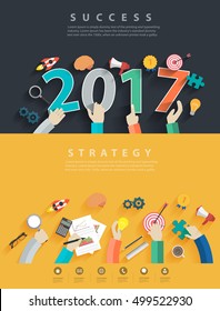 Flat design concepts for business analysis and planning new year 2017, consulting, team work, project management, brainstorming, research and development, Vector illustration layout template top view