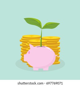 Flat design concepts for business, coin and piggy, small leaf, investing saving concept, 