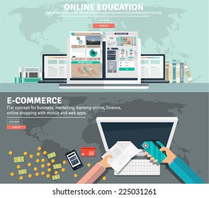 Flat Design Concepts For Business Education Training And Exams, E Commerce, Online Money Transfer, Global Market. Concepts And Icons For Web Banners, Apps And Promotional Materials.