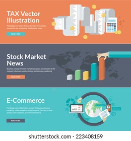 Flat design concepts for business and finance. Concepts for finance, taxes, bookkeeping, accounting, stock market news, strategy and planning, marketing, e-commerce, market research, business.   