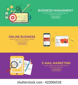 Flat design concepts for business, finance, business managment, online business, e-mail marketing. Concepts for web banners and promotional materials.