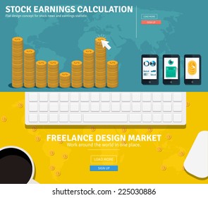 Flat design concepts for business, freelance, stock earnings, global market, market calculation, office work, organizing workplace. Concepts and icons for web banners, apps and promotional materials.