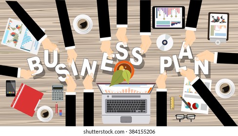 Flat design concepts for business plan analysis and planning, consulting, team work, project management, brainstorming, research and development, Vector illustration layout modern template top view