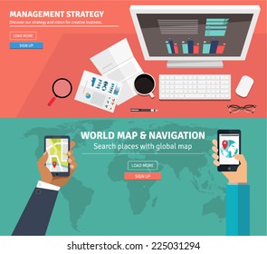 Flat design concepts for business strategy, freelance, outsource designers, global market, teamwork, office work,workplace. Concepts and icons for web banners, apps and promotional materials.