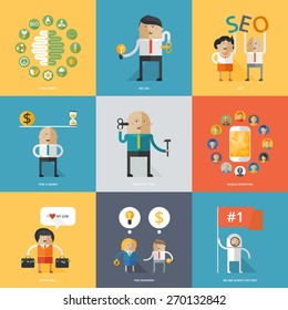 Flat design concepts for business strategy, search engine optimization, finance, achievement of objectives, consulting, support service, great idea