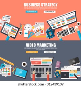 Flat design concepts for business strategy and video marketing. Concepts for web banner and printed materials.
