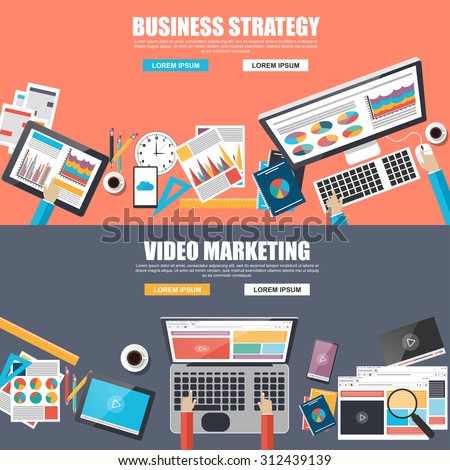 Flat design concepts for business strategy and video marketing. Concepts for web banner and printed materials.