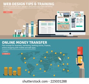 Flat design concepts for business web design tips, freelance, online money transfer, global market, education, e banking,e commerce. Concepts and icons for web banners, apps and promotional materials.