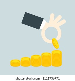 Flat design concepts for business,hand put coin stack, Success investing and saving concept, 