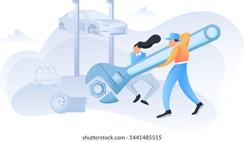 Flat design concepts for car service,  repairs, tire service, car diagnostics. Concepts for web banners and promotional materials. Mechanic repairing in the service. Car on the lift.