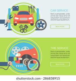 Flat design concepts for car service, tire service. Concepts for web banners and promotional materials.