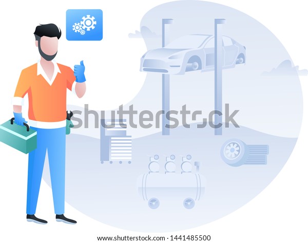 Flat
design concepts for car service,  repairs, tire service, car
diagnostics. Concepts for web banners and promotional materials.
Mechanic repairing in the service. Car on the
lift.