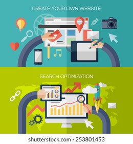 Flat design concepts for creating own website, search optimization.