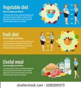 Flat design concepts for defferent diet and health care, vegetable diet, frui diet, useful meal. Concepts for web banners and promotional materials.