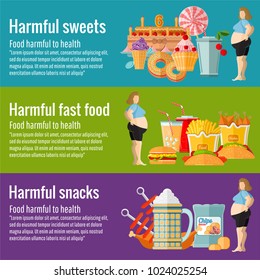 Flat design concepts for defferent harmful food and health care, harmful sweet, harmful snack, hamful fast food. Concepts for web banners and promotional materials.