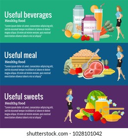 Flat design concepts for defferent useful food and health care, useful sweet, useful beverages, useful meal. Concepts for web banners and promotional materials.