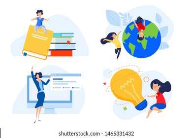 Flat design concepts of distance school and education, knowledge and creativity. Vector illustrations for website banner, marketing material, presentation template, online advertising.