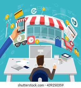 Flat design concepts for E-commerce, Crowdfunding Management, Big Idea Concepts for web banners and promotional materials.