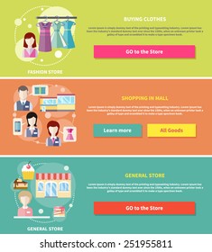 Flat design concepts of general store, shopping mall and fashion store on four multicolor banners. Buying clothes, shopping in mall