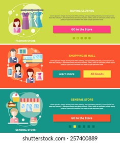 Flat design concepts of general store, shopping mall and fashion store on four multicolor banners. Buying clothes, shopping in mall