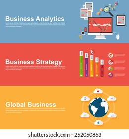 Flat design concepts of global business, business strategy and analytics