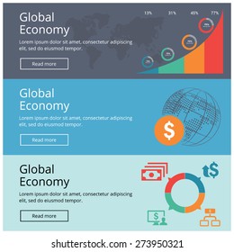 Flat Design Concepts For Global Economy Website Banner Set Business Growing Chart And Dollar Icon Composition With Globe Poster Vector Illustration.