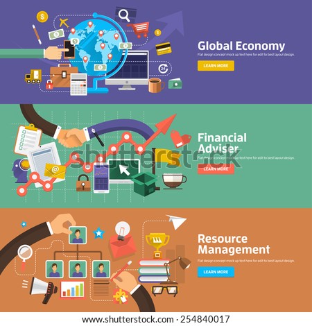 Flat design concepts for Global Economy, Financial Adviser, Resource Management. Concepts for web banners and promotional materials.