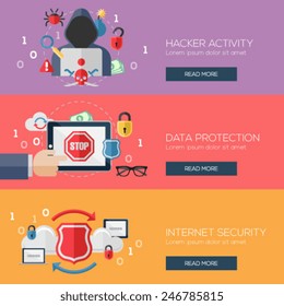Flat design concepts for hacker activity, data protection, internet security, data storage. Concepts for web banners and promotional materials.