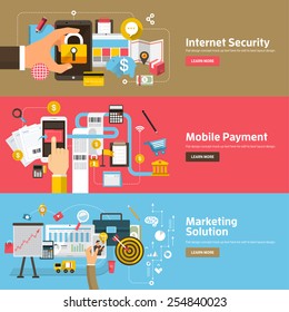 Flat design concepts for Internet Security, Mobile Payment, Marketing Solution. Concepts for web banners and promotional materials.