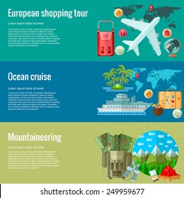 Flat design concepts for journey and traveling.european shopping tour, ocean cruise, mountaineering.Concepts for web banners and promotional materials